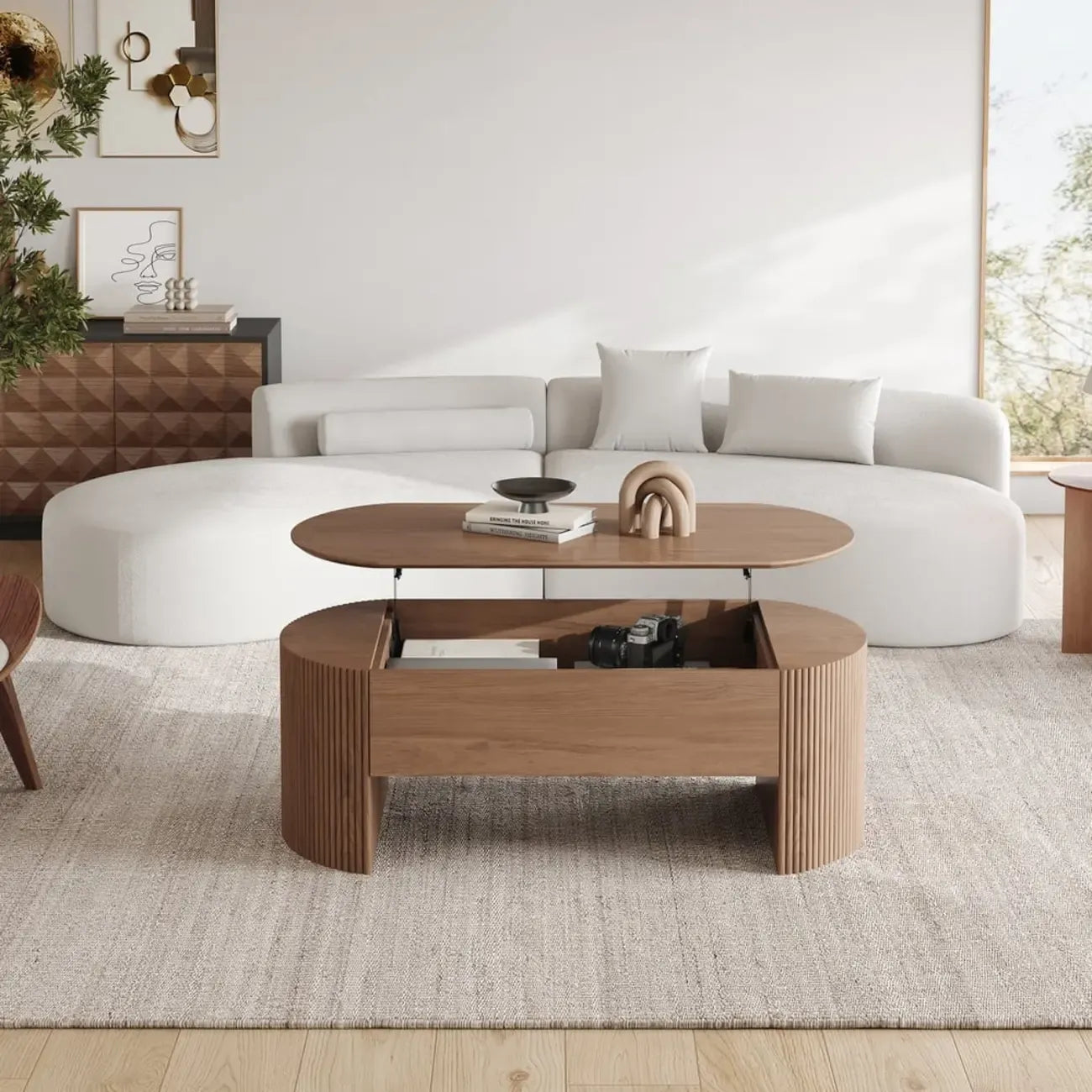 Table basse ovale en bois à plateau relevable de style moderne du milieu du siècle