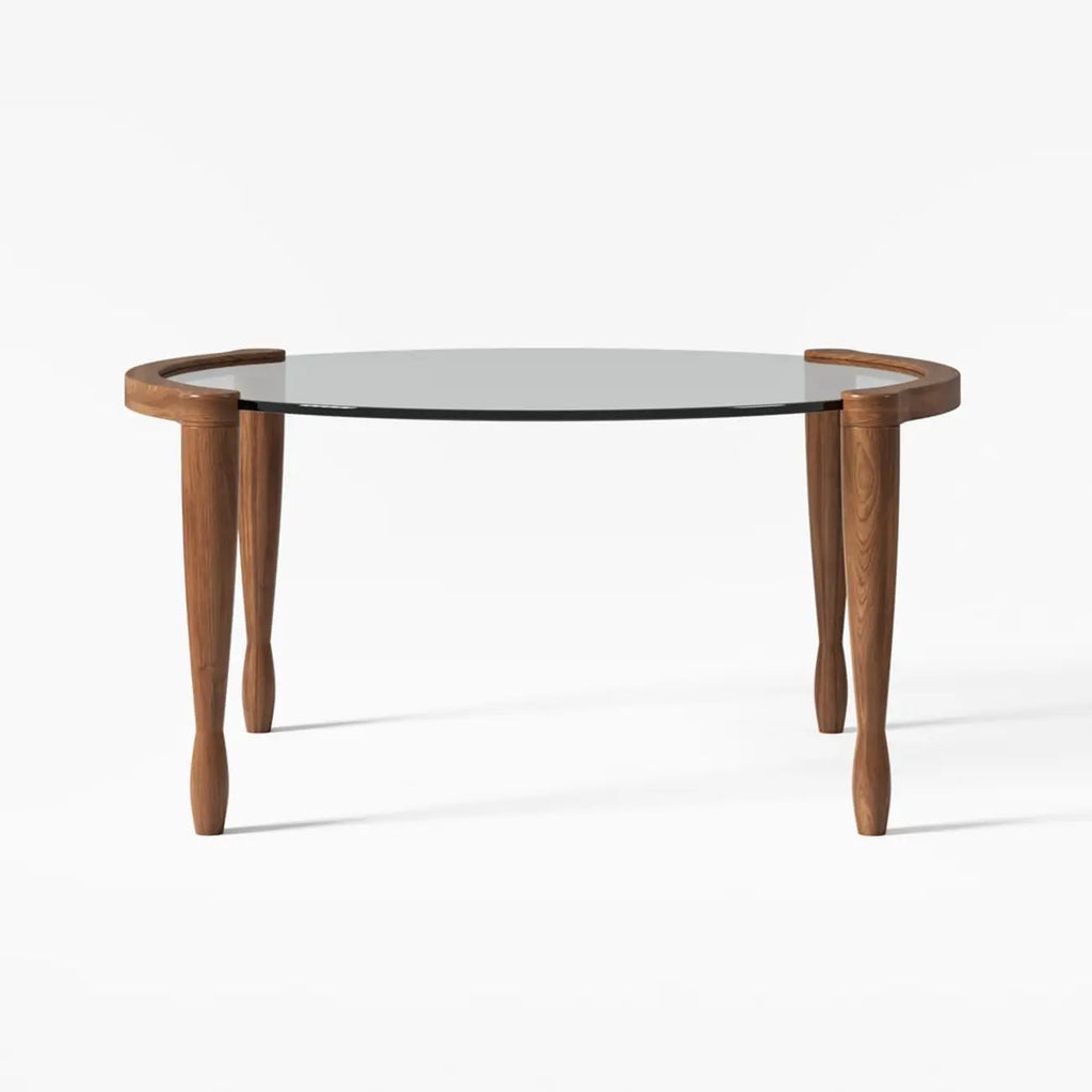 Table basse ronde vintage en bois massif et verre transparent, à 4 pieds