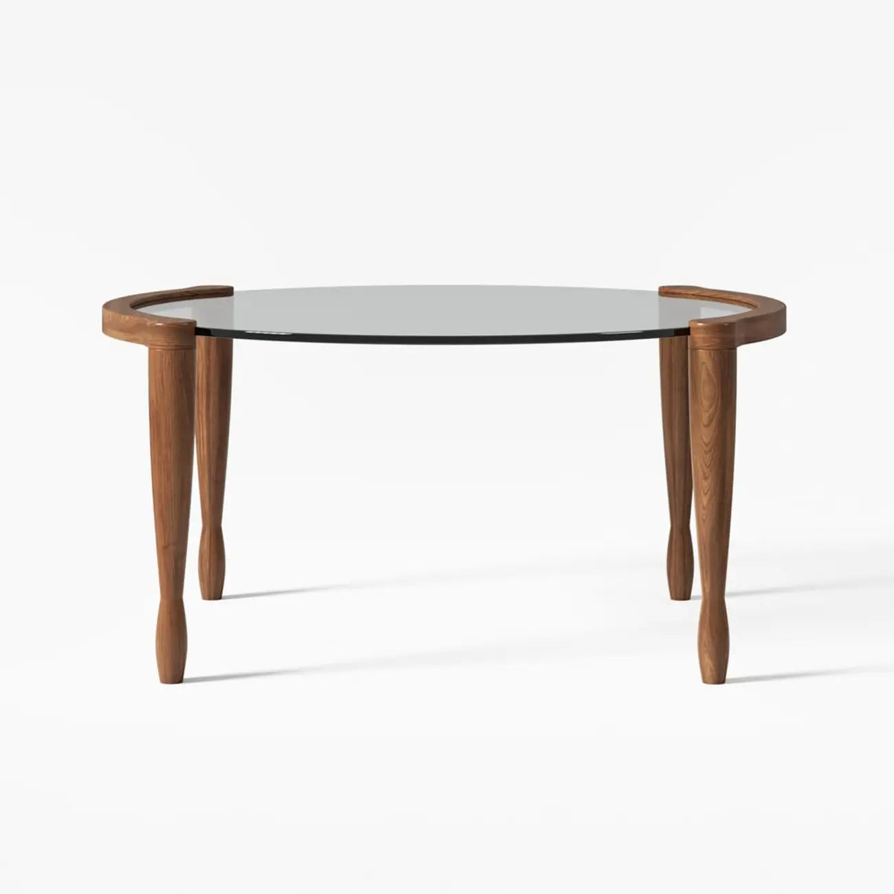 Table basse ronde vintage en bois massif et verre transparent, à 4 pieds