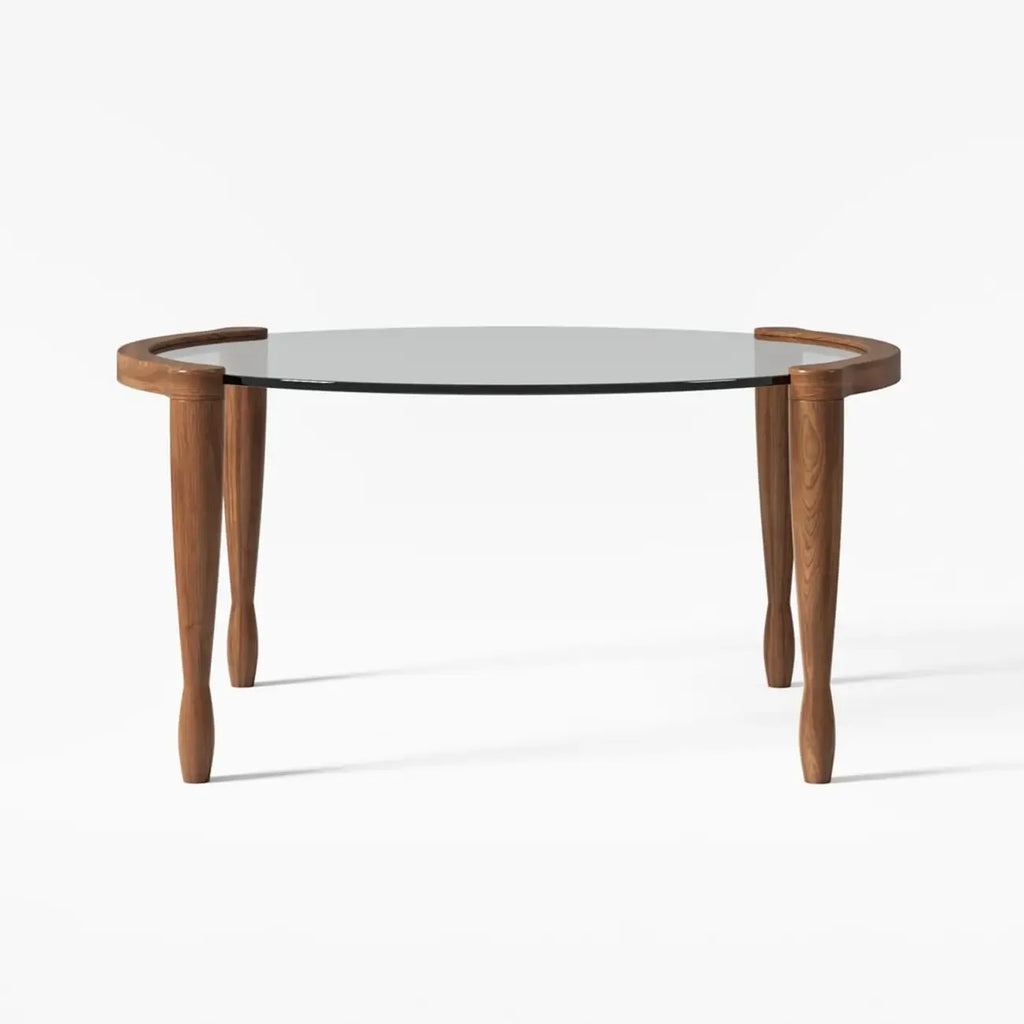 Table basse ronde vintage en bois massif et verre transparent, à 4 pieds
