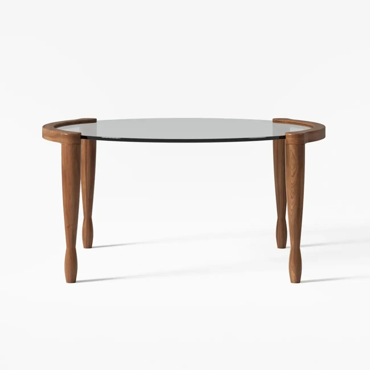 Table basse ronde vintage en bois massif et verre transparent, à 4 pieds
