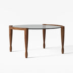 Table basse ronde vintage en bois massif et verre transparent, à 4 pieds