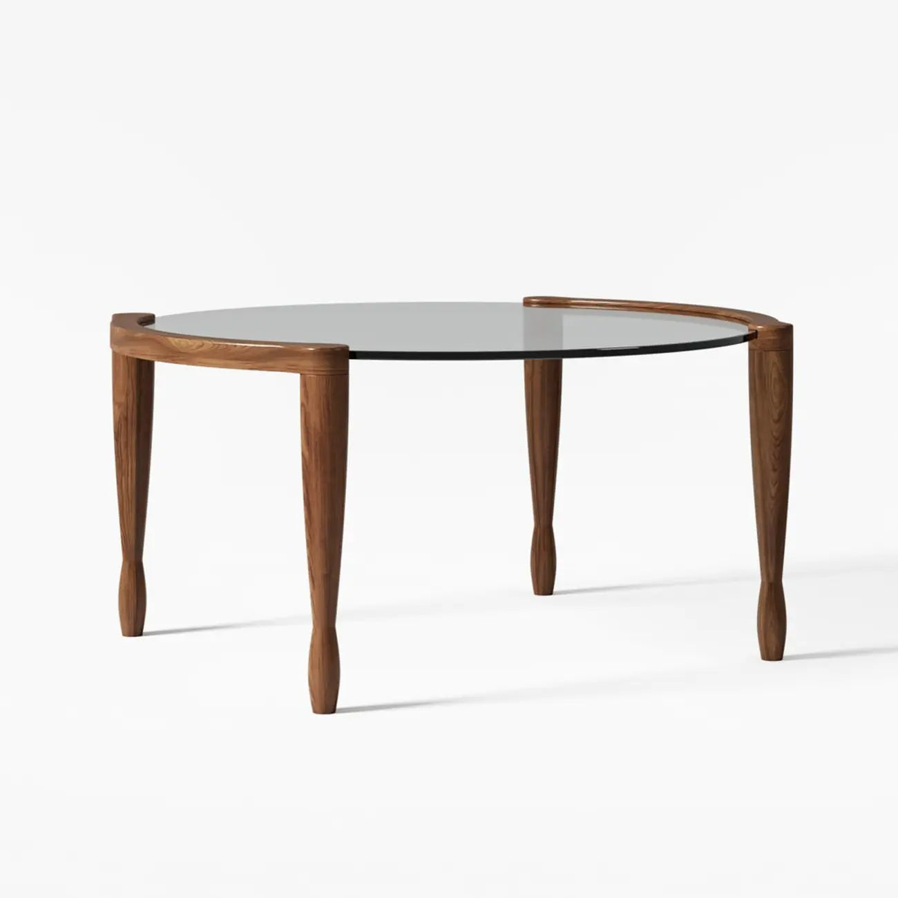 Table basse ronde vintage en bois massif et verre transparent, à 4 pieds