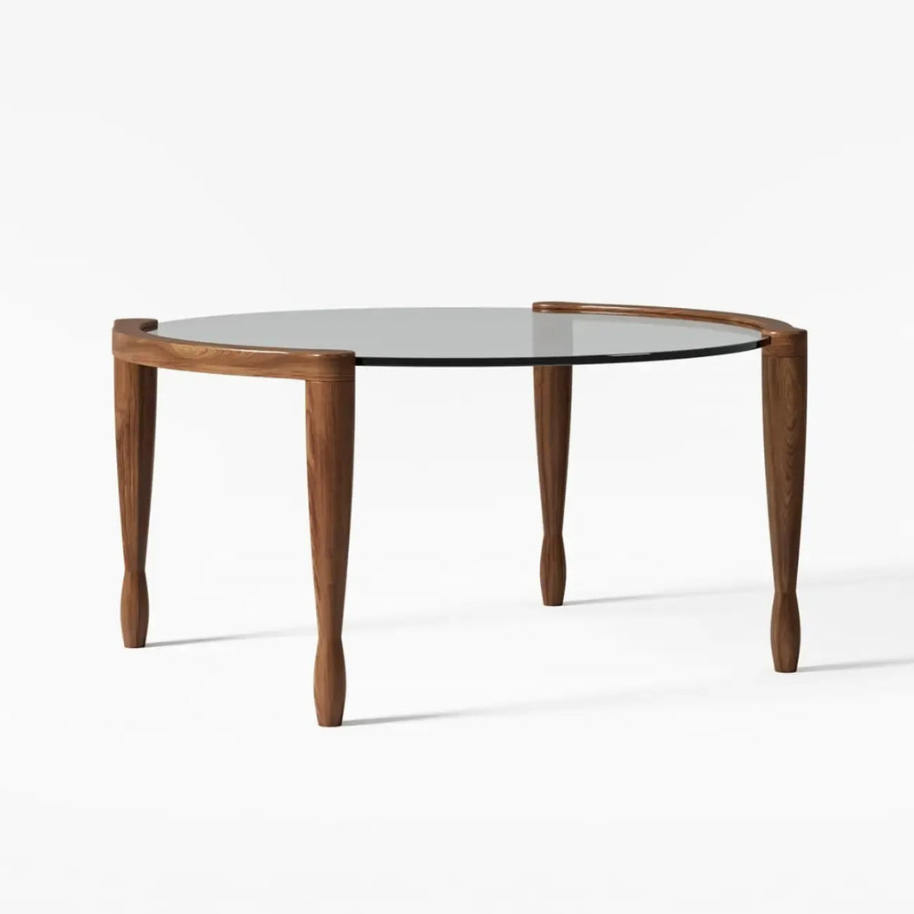 Table basse ronde vintage en bois massif et verre transparent, à 4 pieds