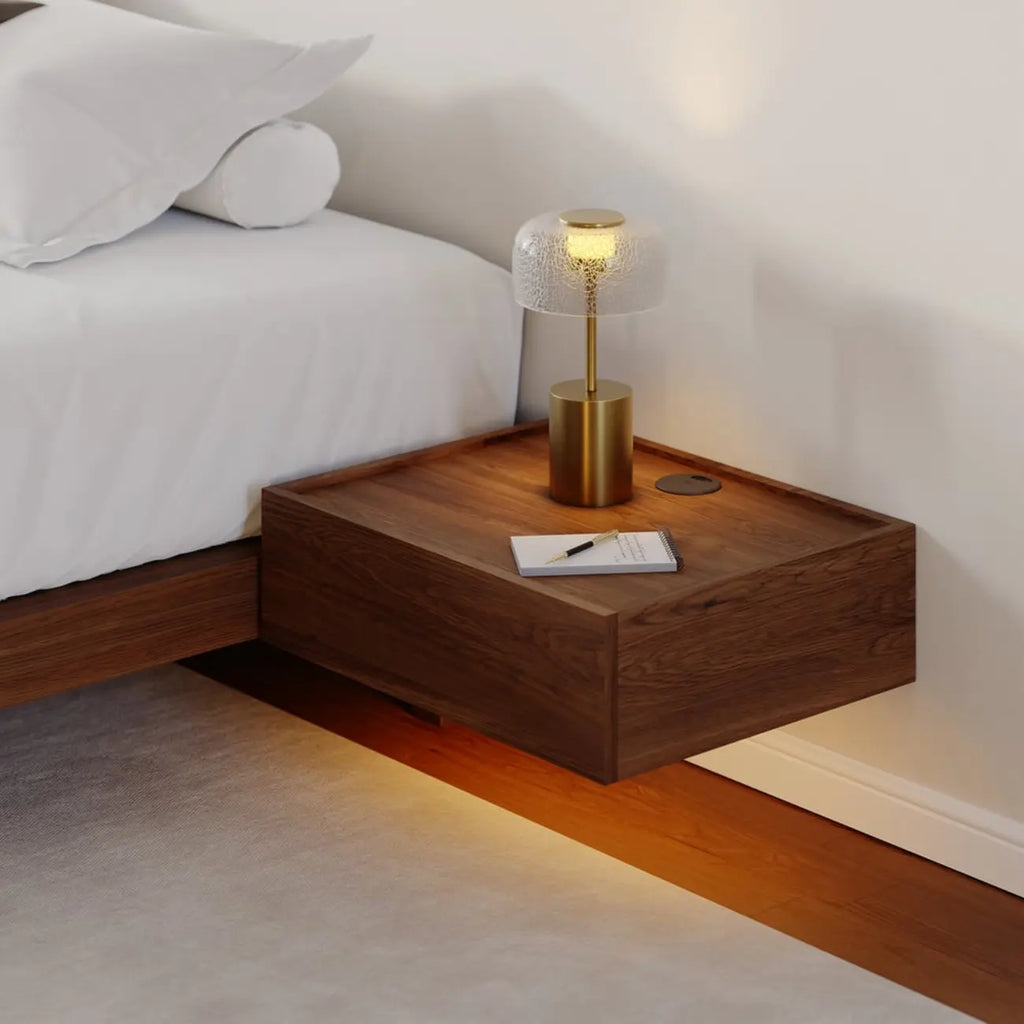 Ensemble de 2 tables de chevet flottantes en noyer avec chargeur sans fil LED
