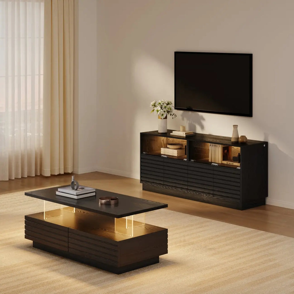 Meuble TV LED rectangulaire moderne en bois noir