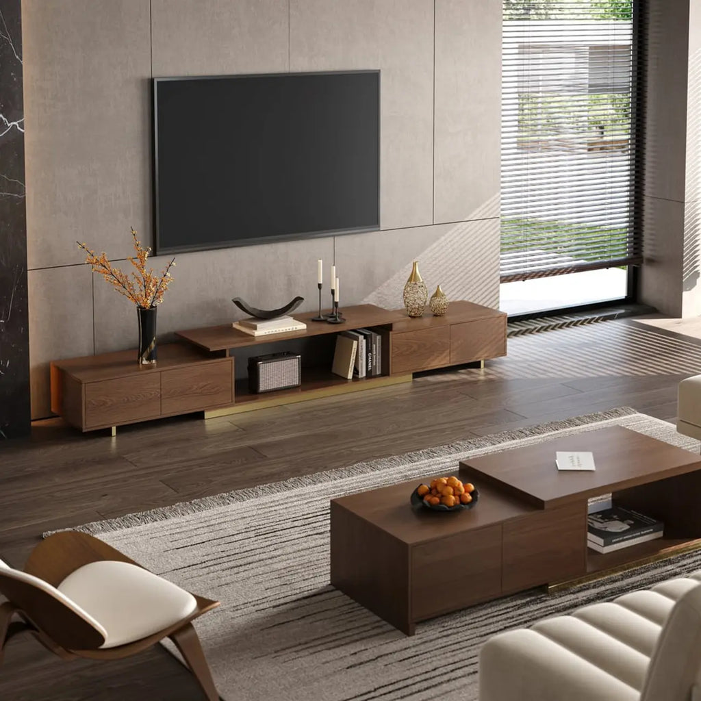 Meuble TV extensible en noyer avec rangement ouvert