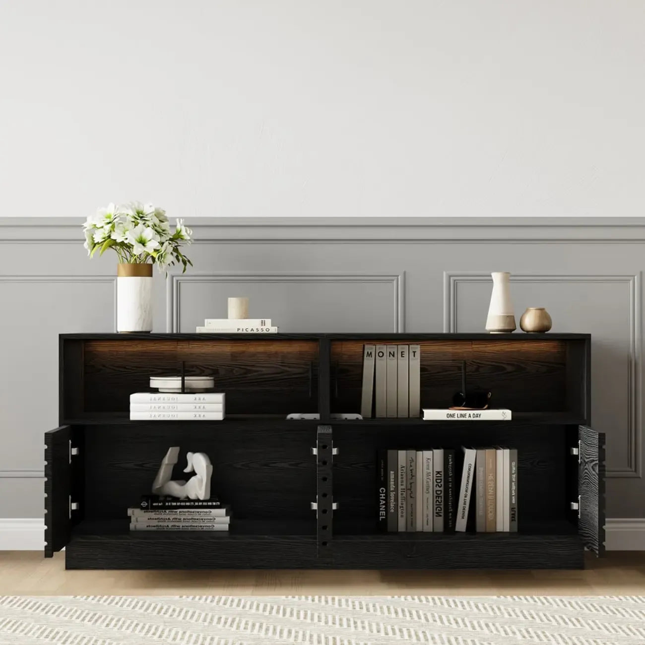 Meuble TV LED rectangulaire moderne en bois noir
