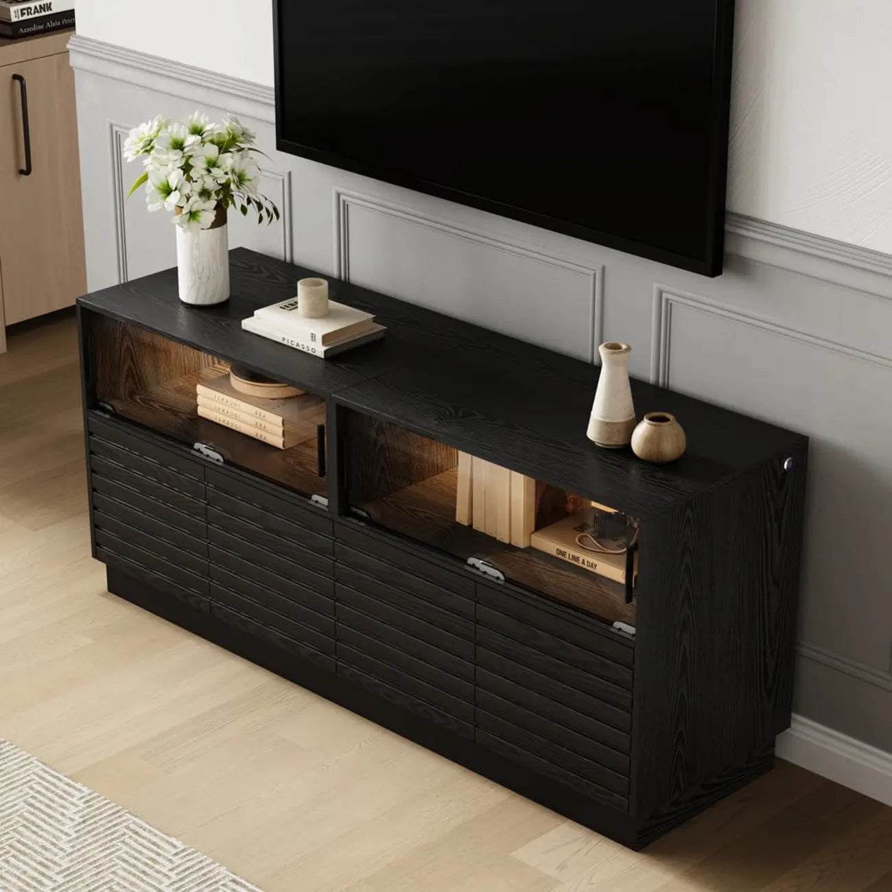 Meuble TV LED rectangulaire moderne en bois noir
