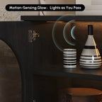 Meuble TV LED à 3 tiroirs avec portes vitrées cintrées en bois