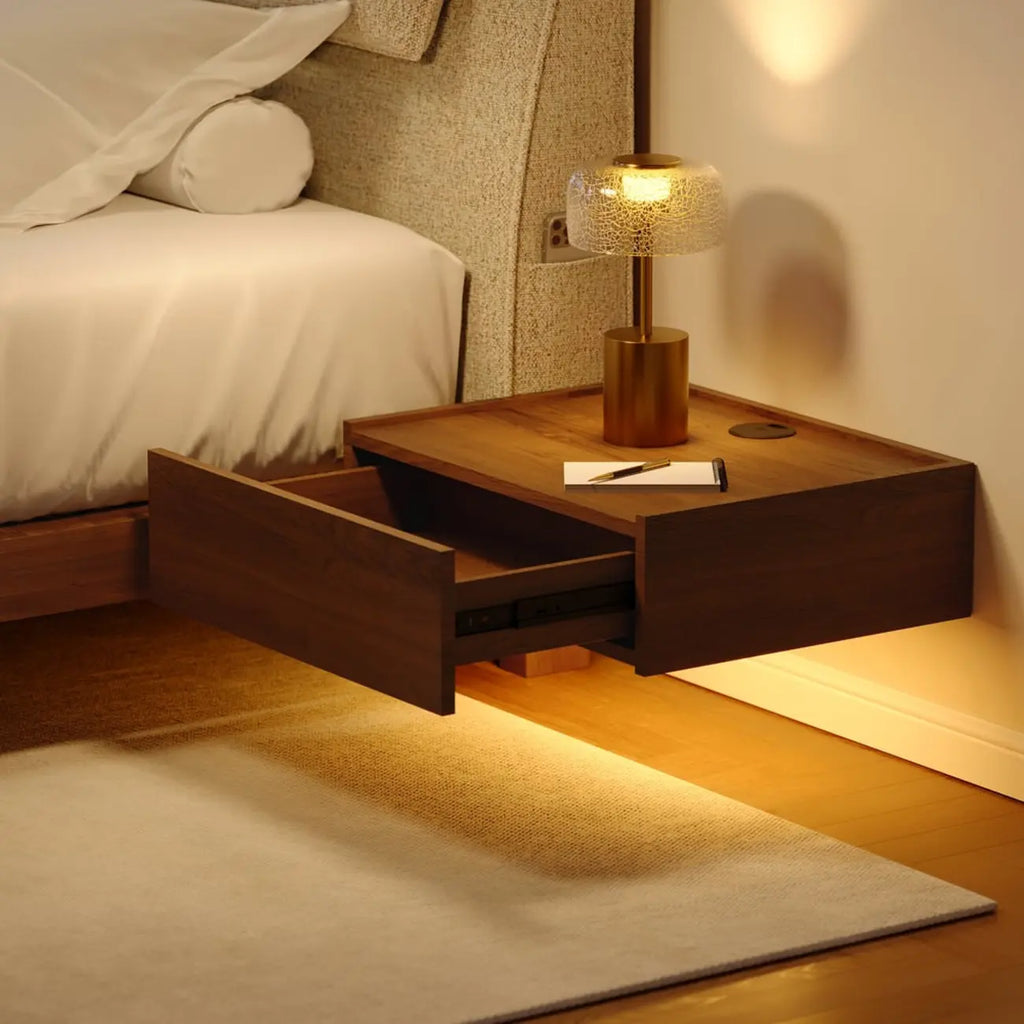 Ensemble de 2 tables de chevet flottantes en noyer avec chargeur sans fil LED