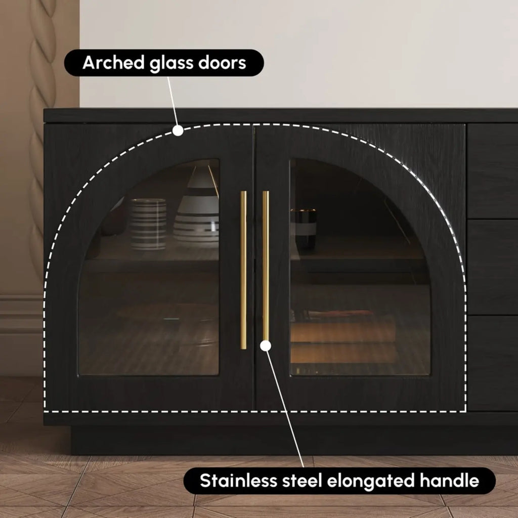 Meuble TV LED à 3 tiroirs avec portes vitrées cintrées en bois