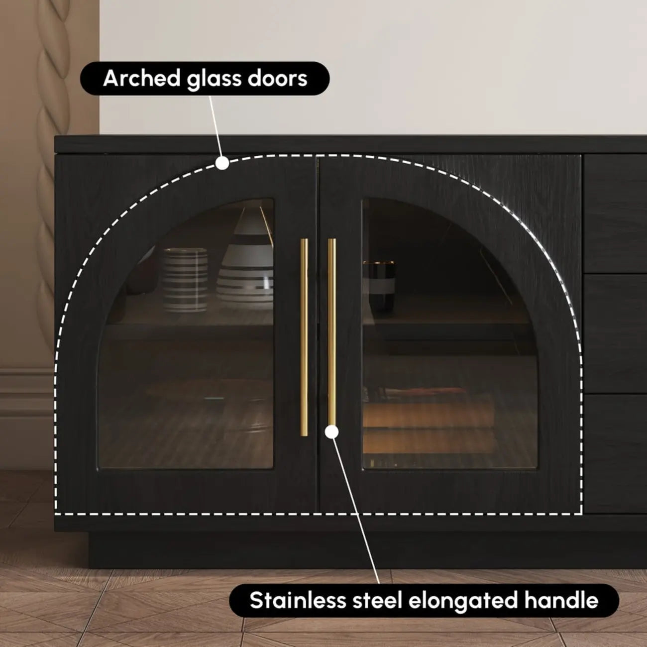 Meuble TV LED à 3 tiroirs avec portes vitrées cintrées en bois