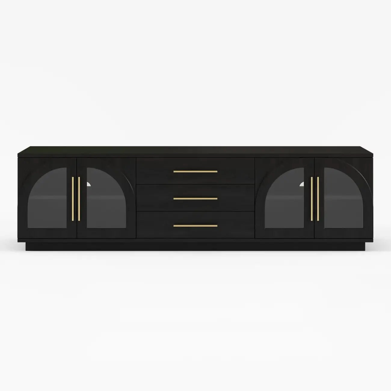 Meuble TV LED à 3 tiroirs avec portes vitrées cintrées en bois