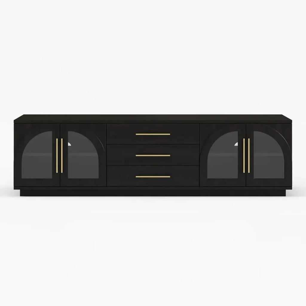 Meuble TV LED à 3 tiroirs avec portes vitrées cintrées en bois