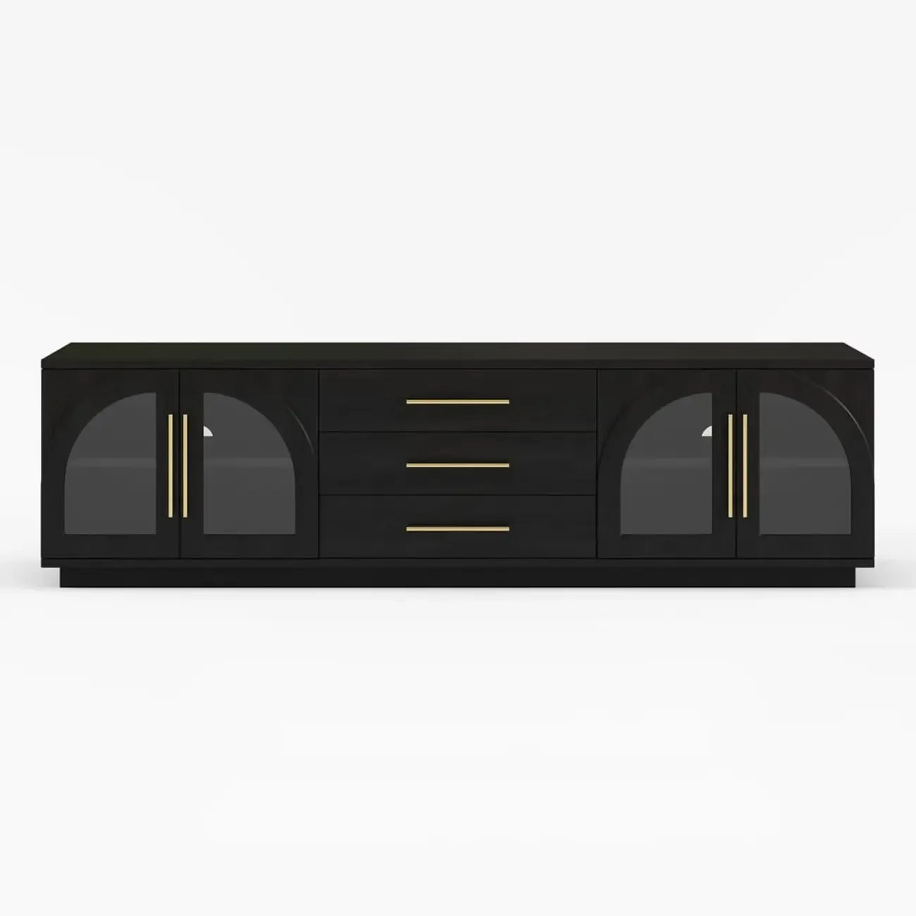 Meuble TV LED à 3 tiroirs avec portes vitrées cintrées en bois