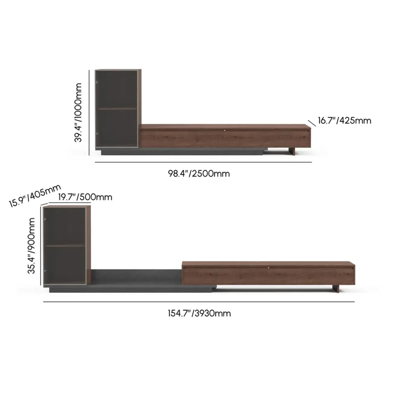 Meuble TV extensible en noyer style milieu du siècle avec tiroirs