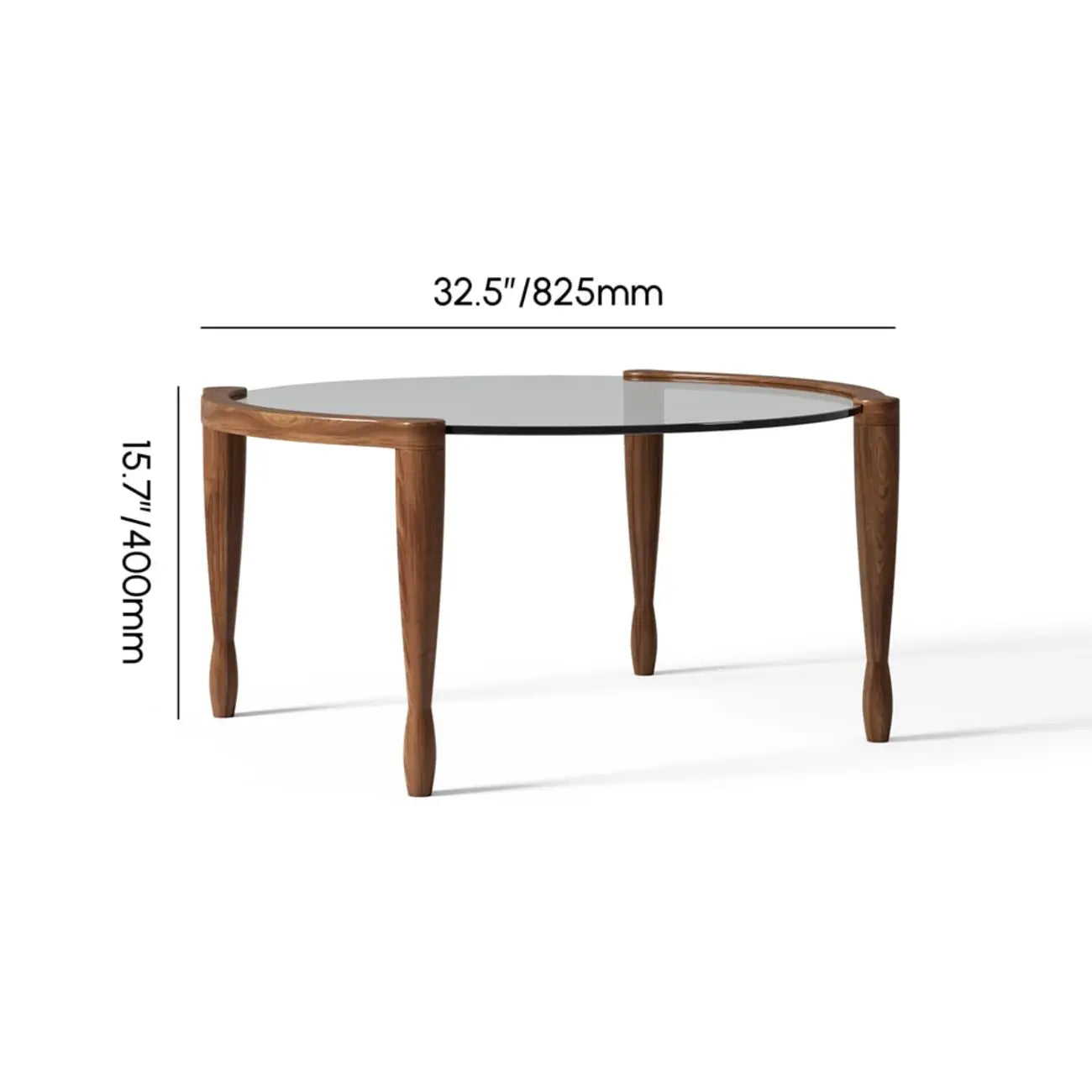Table basse ronde vintage en bois massif et verre transparent, à 4 pieds