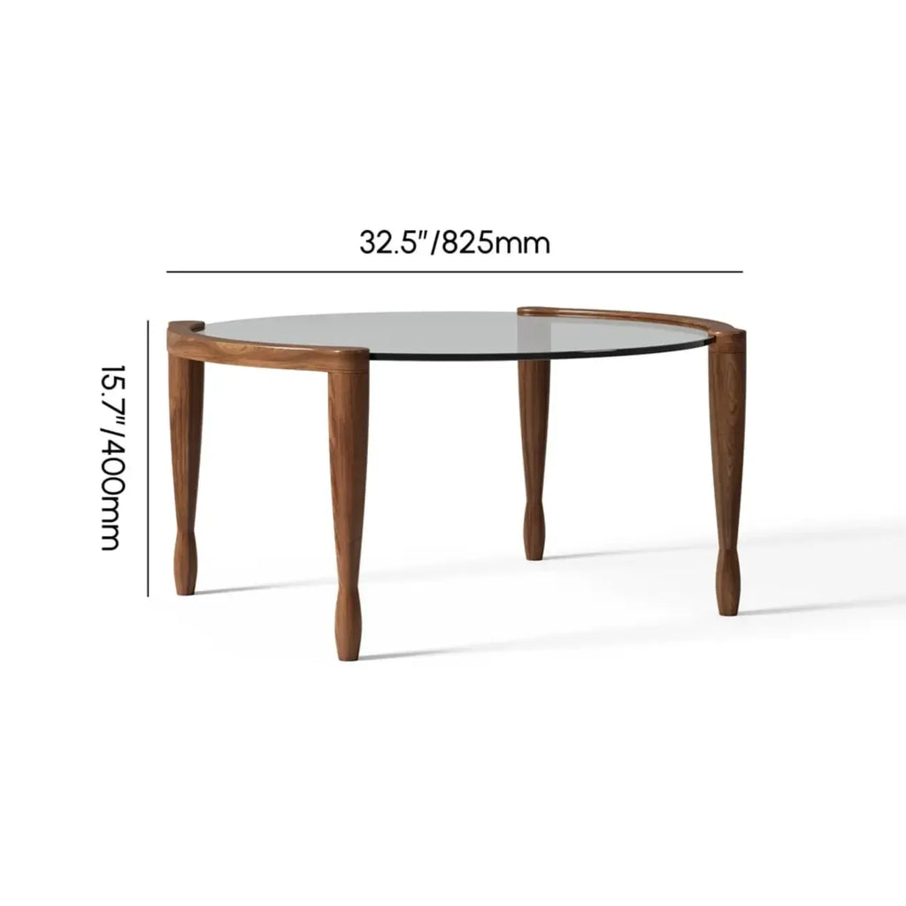 Table basse ronde vintage en bois massif et verre transparent, à 4 pieds