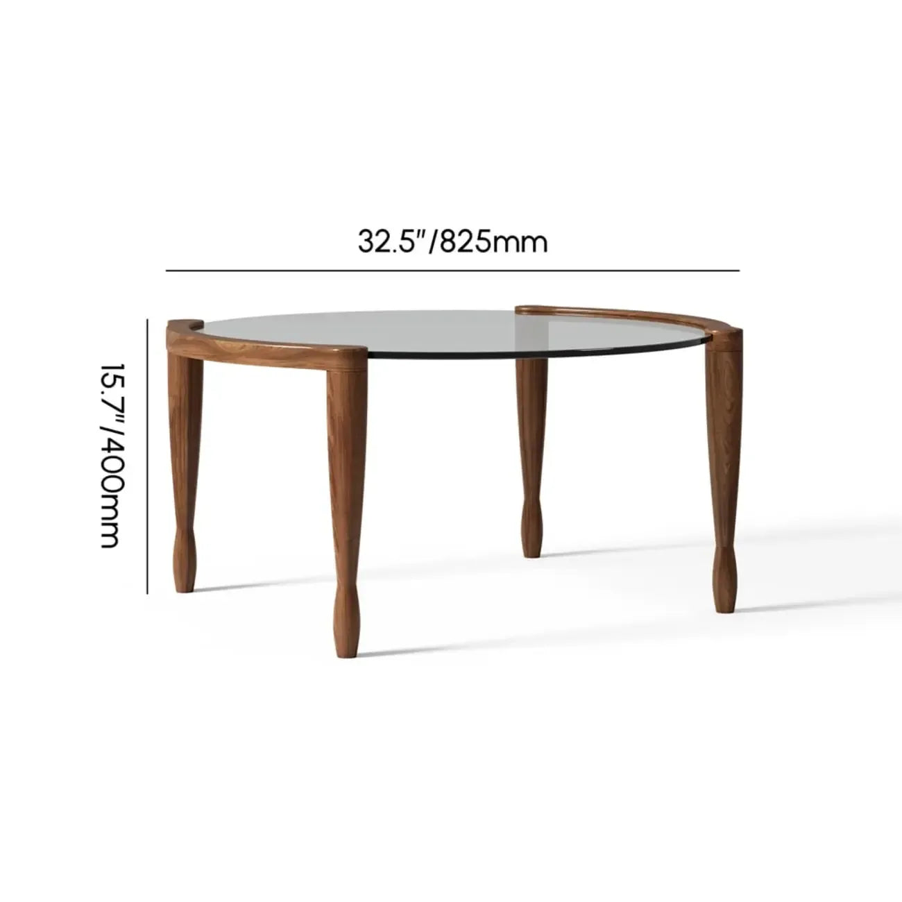 Table basse ronde vintage en bois massif et verre transparent, à 4 pieds