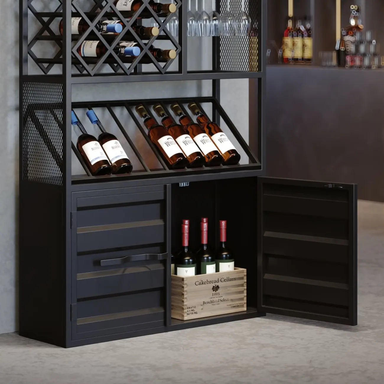 Casier à vin industriel polyvalent en métal avec armoire