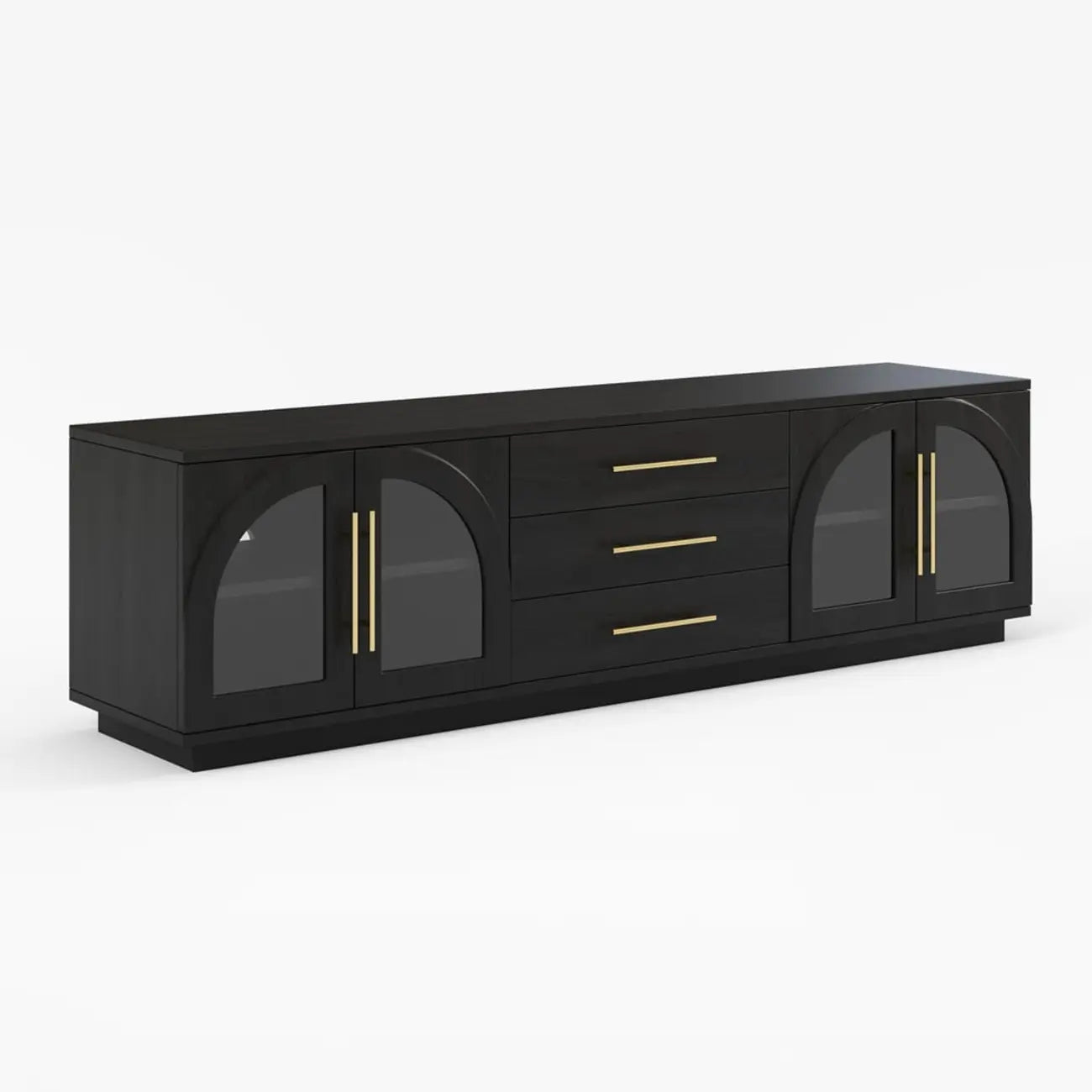 Meuble TV LED à 3 tiroirs avec portes vitrées cintrées en bois