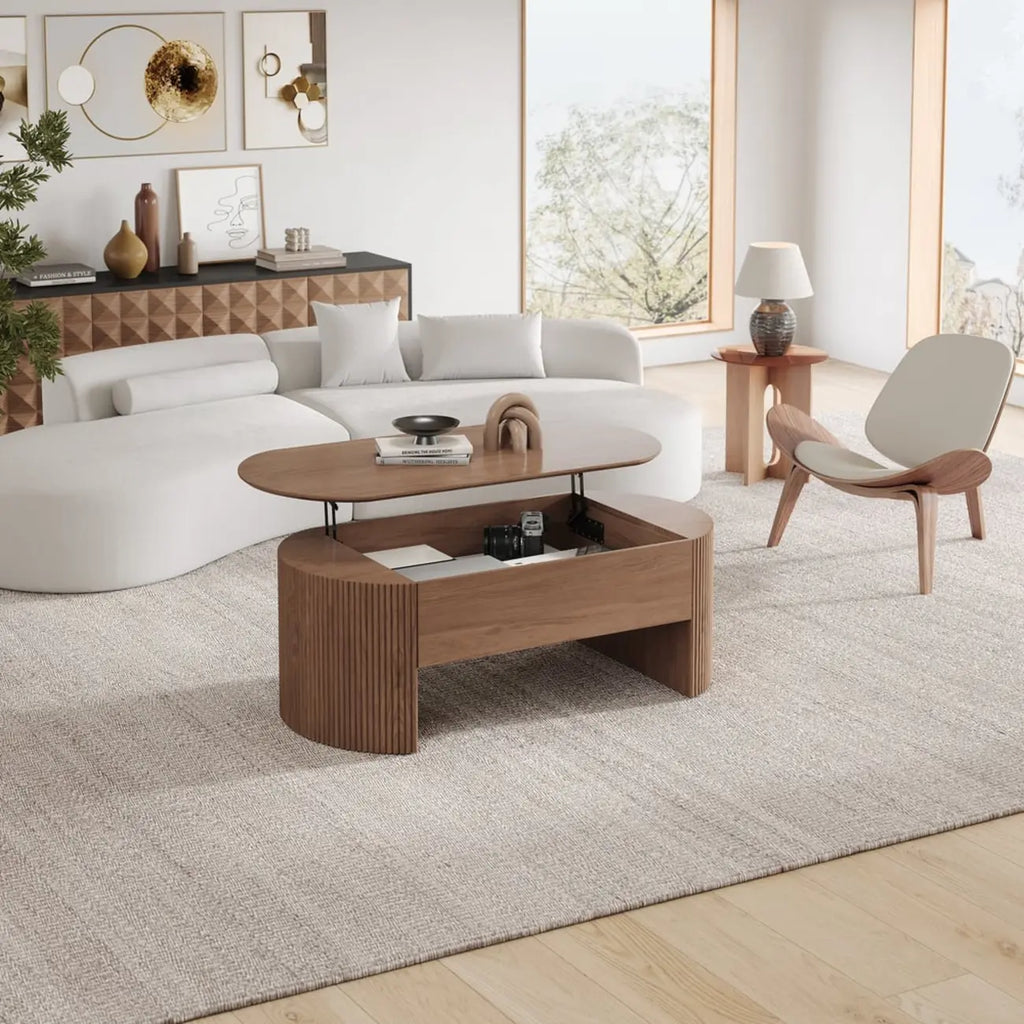 Table basse ovale en bois à plateau relevable de style moderne du milieu du siècle