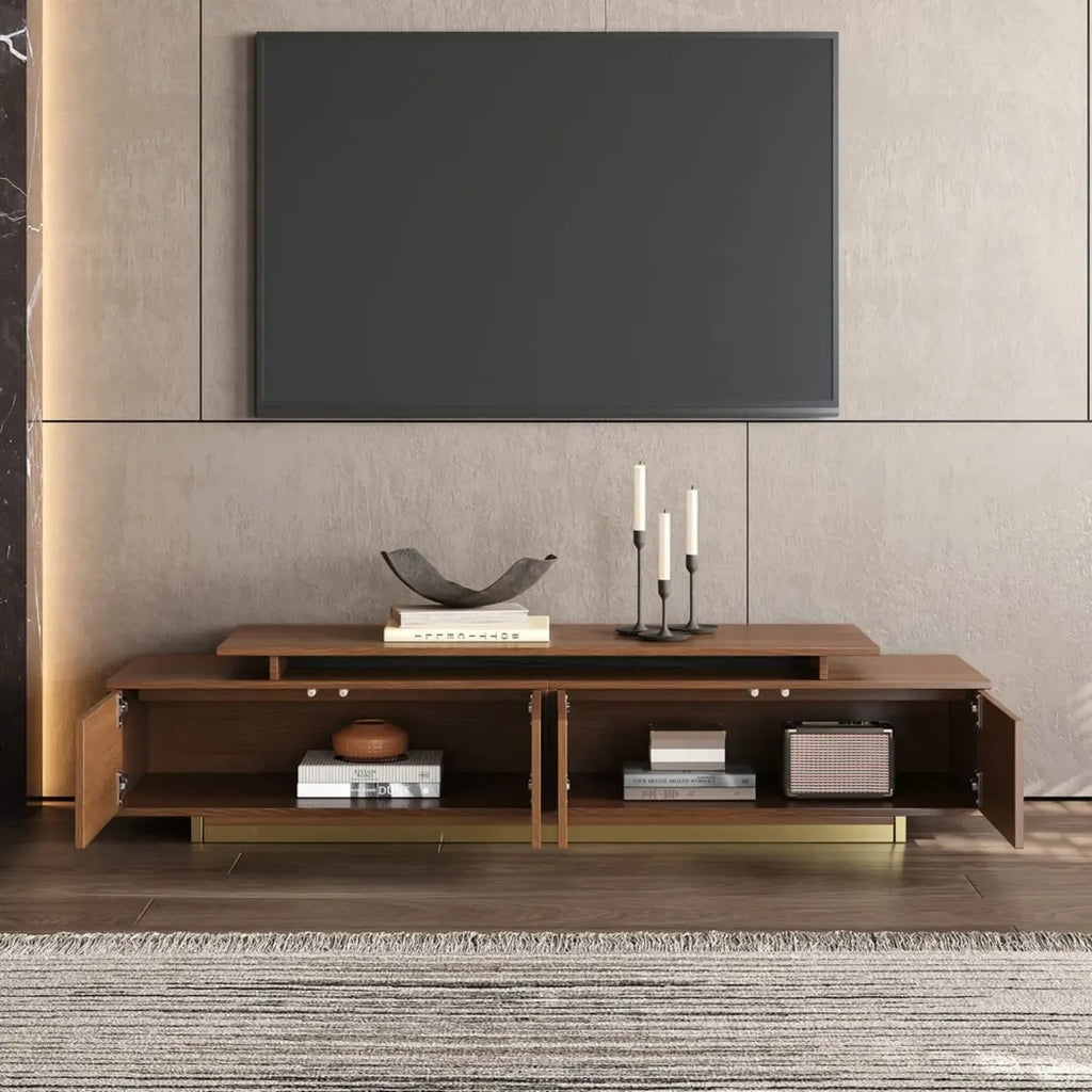 Meuble TV extensible en noyer avec rangement ouvert