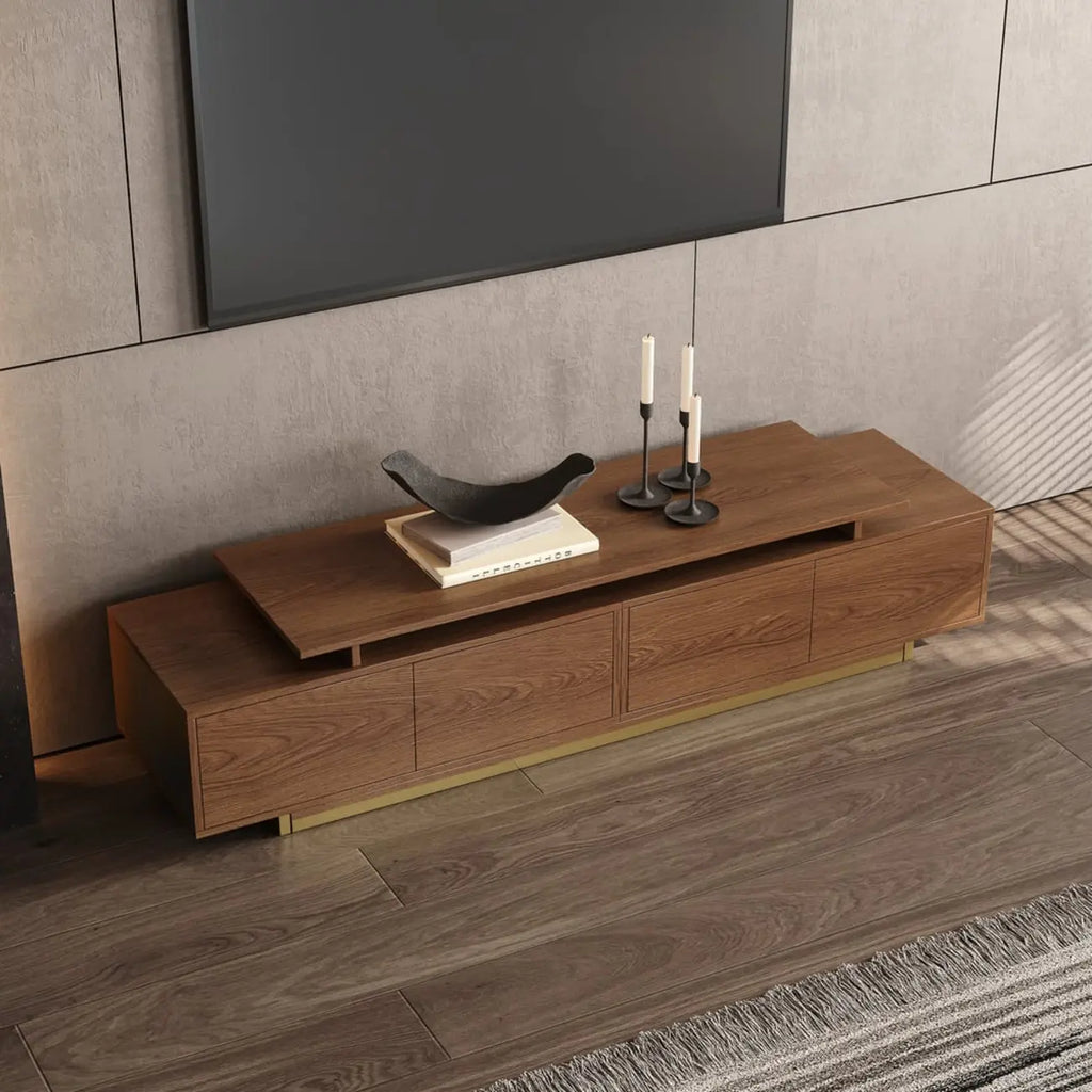 Meuble TV extensible en noyer avec rangement ouvert