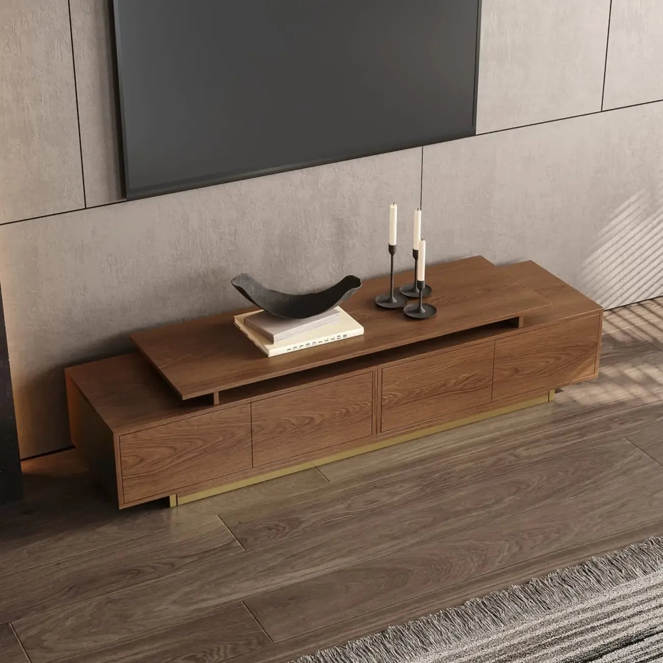 Meuble TV extensible en noyer avec rangement ouvert