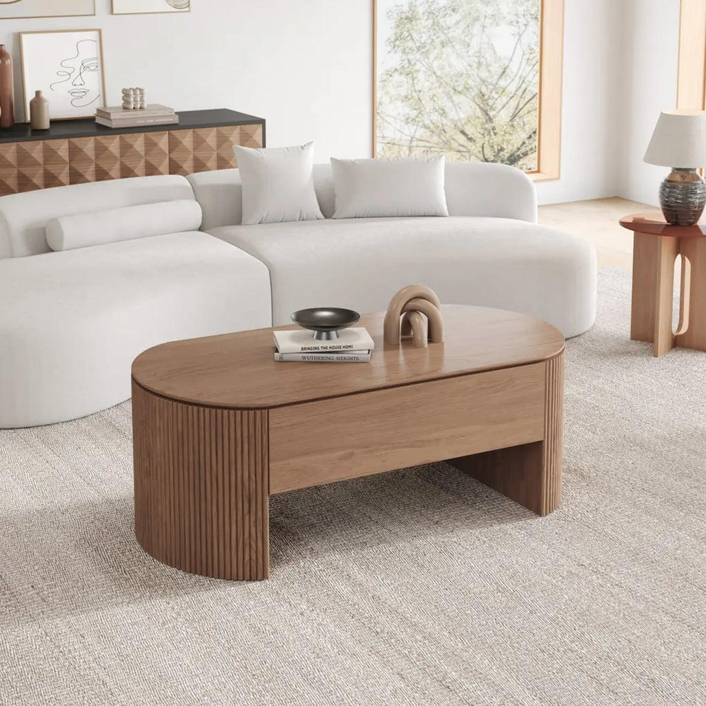 Table basse ovale en bois à plateau relevable de style moderne du milieu du siècle