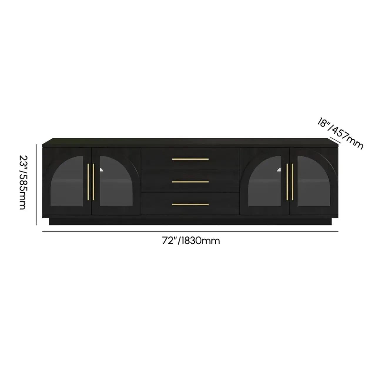 Meuble TV LED à 3 tiroirs avec portes vitrées cintrées en bois