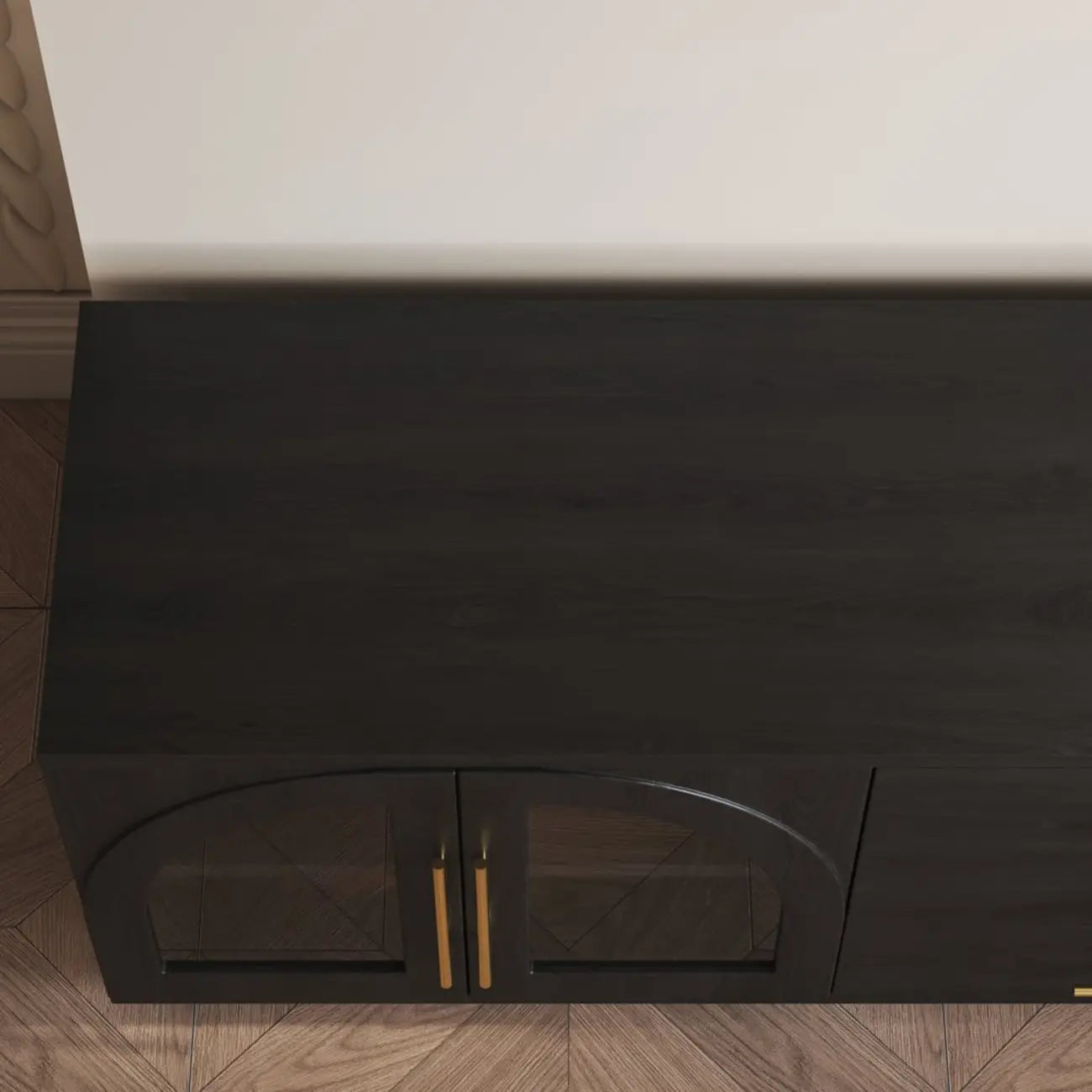Meuble TV LED à 3 tiroirs avec portes vitrées cintrées en bois