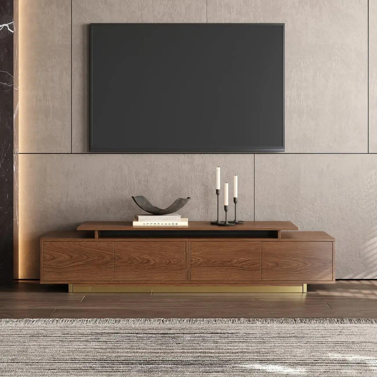 Meuble TV extensible en noyer avec rangement ouvert