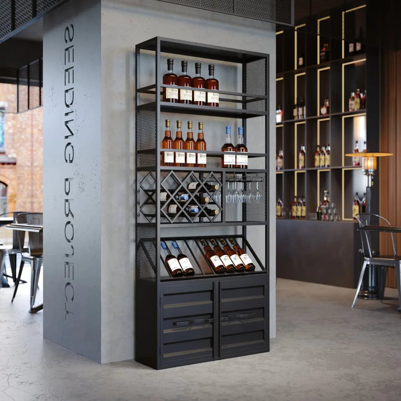 Casier à vin industriel polyvalent en métal avec armoire