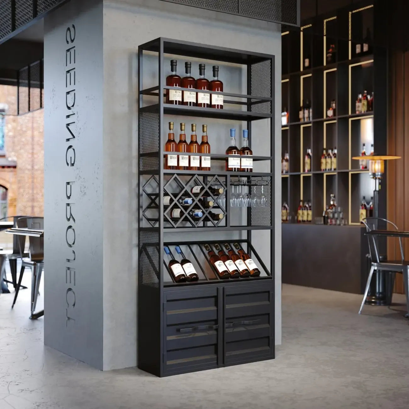 Casier à vin industriel polyvalent en métal avec armoire