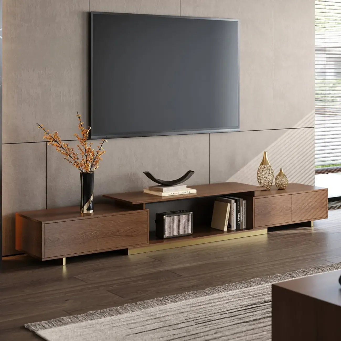 Meuble TV extensible en noyer avec rangement ouvert