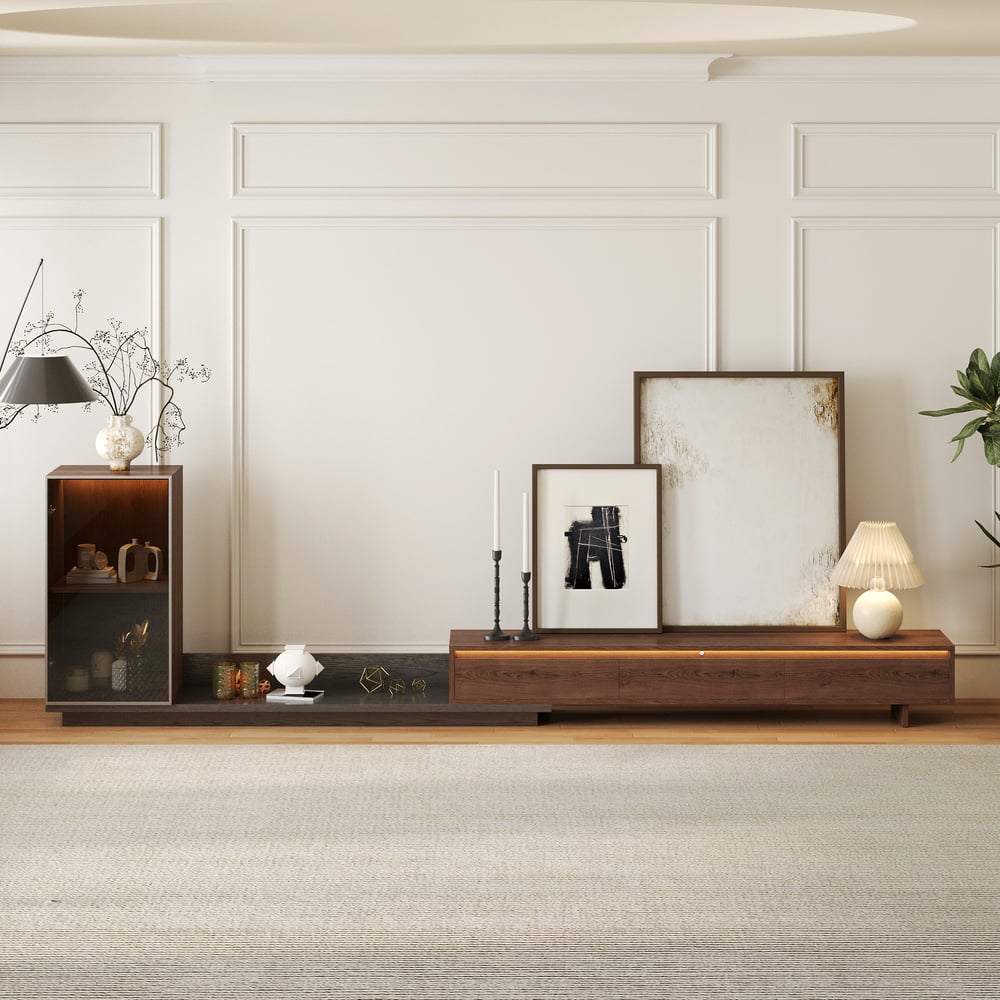 Meuble TV extensible en noyer style milieu du siècle avec tiroirs