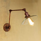 Lampada da parete industriale con braccio orientabile in ottone anticato e vetro
