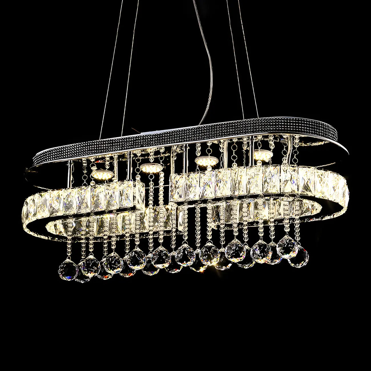 Suspension LED rectangulaire en cristal de luxe pour îlot de cuisine