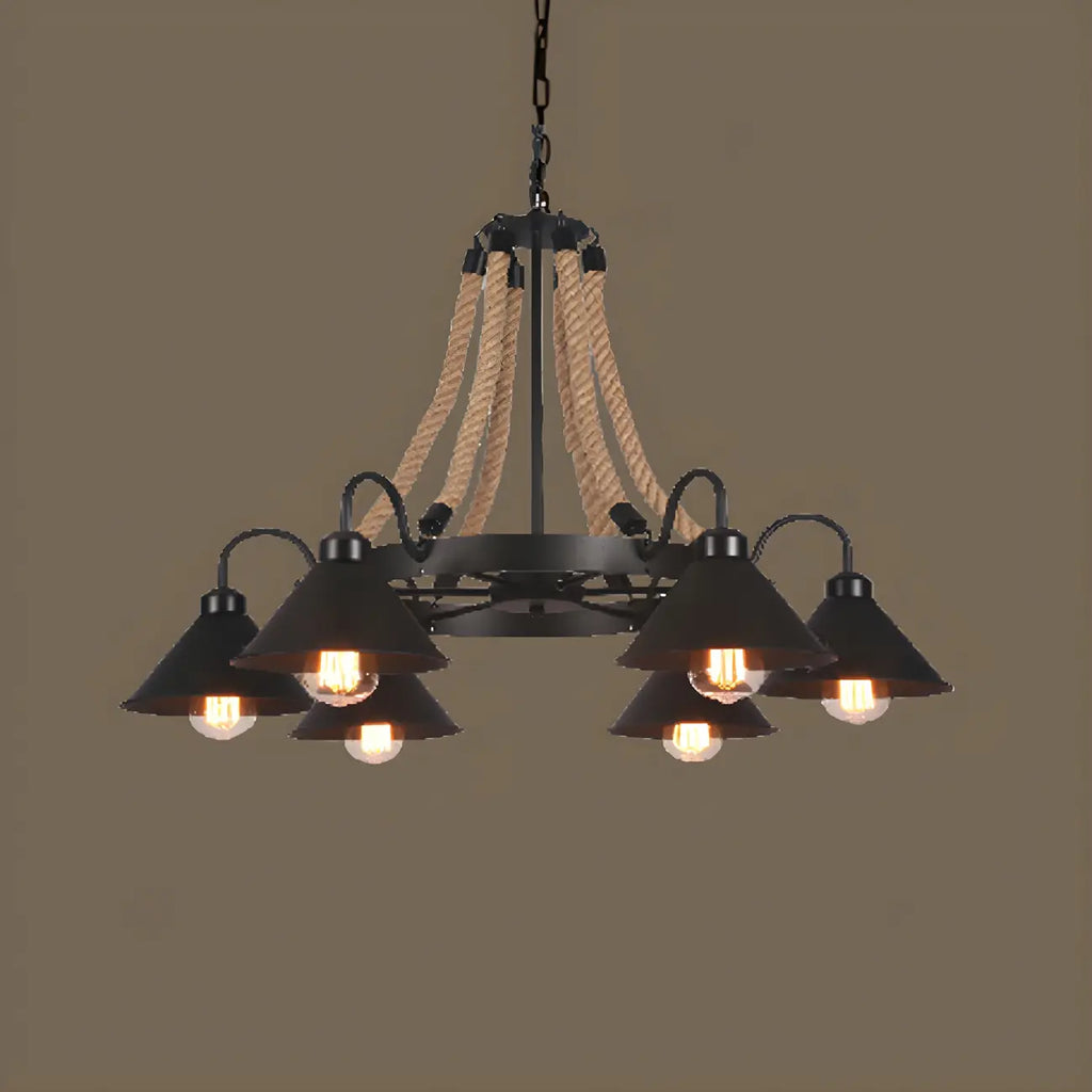 Lustre rustique vintage en métal noir et corde