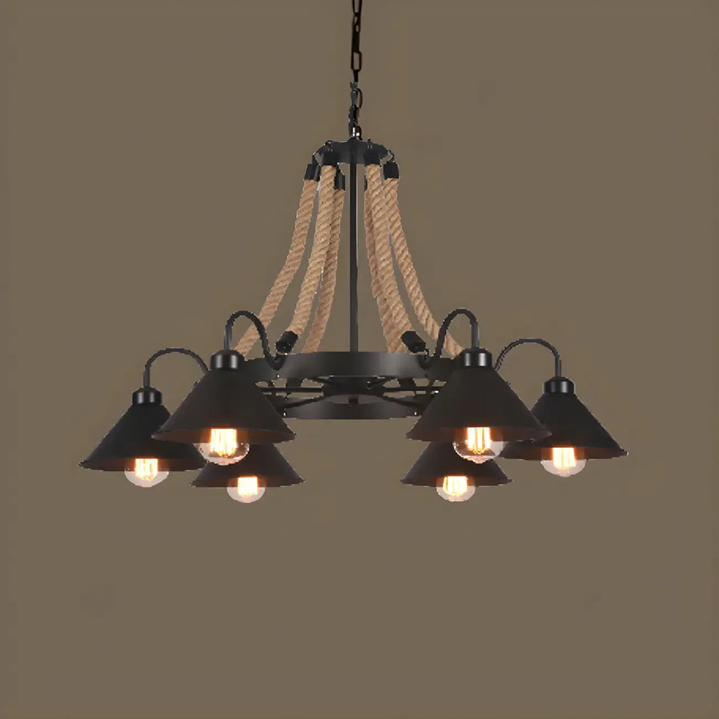 Lustre rustique vintage en métal noir et corde