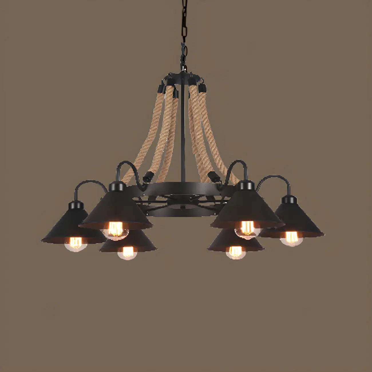 Lustre rustique vintage en métal noir et corde
