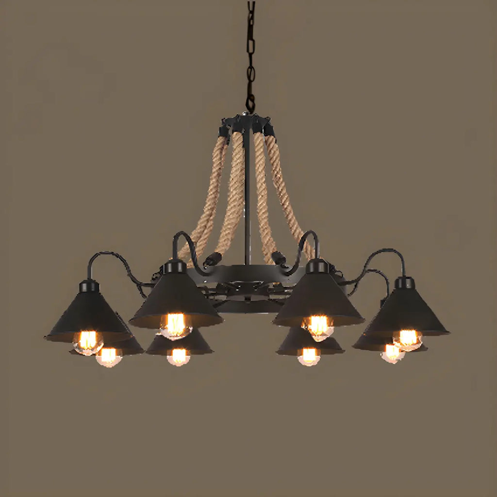 Lustre rustique vintage en métal noir et corde