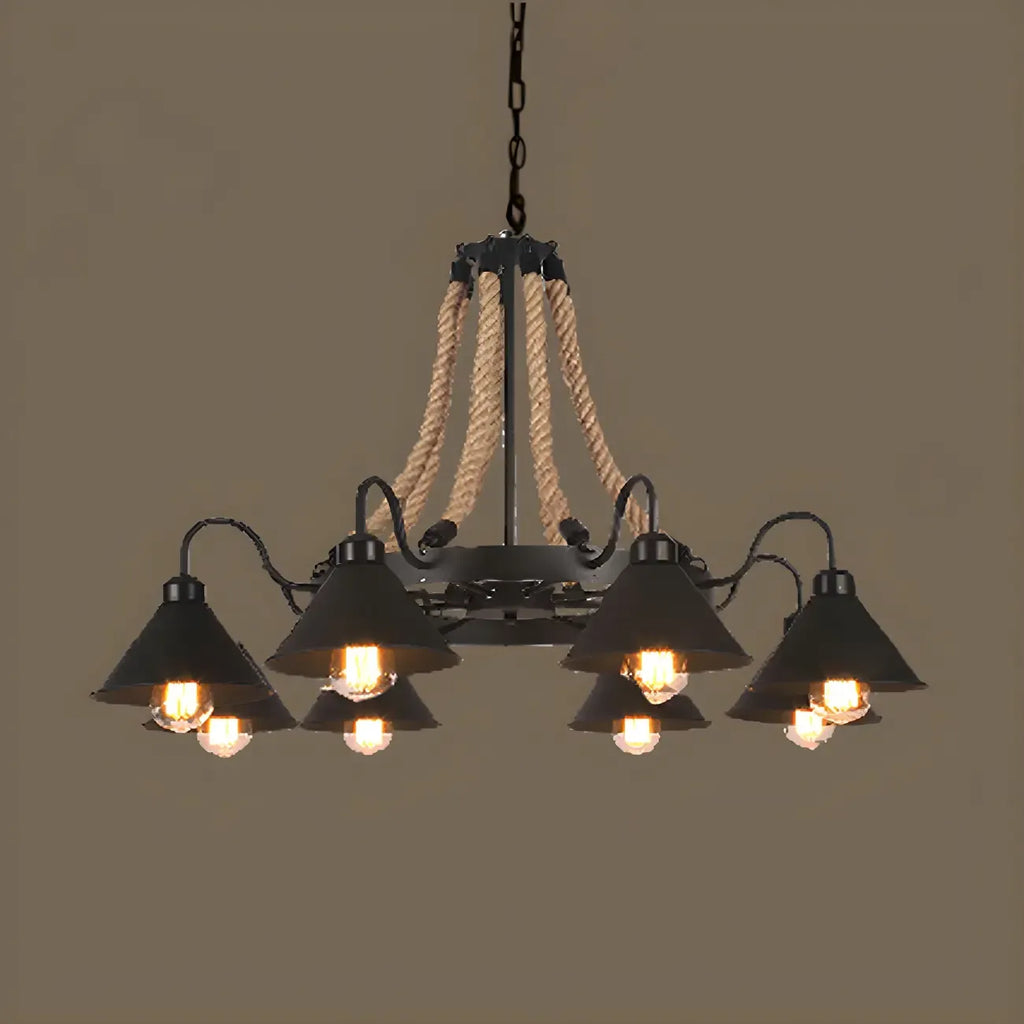 Lustre rustique vintage en métal noir et corde
