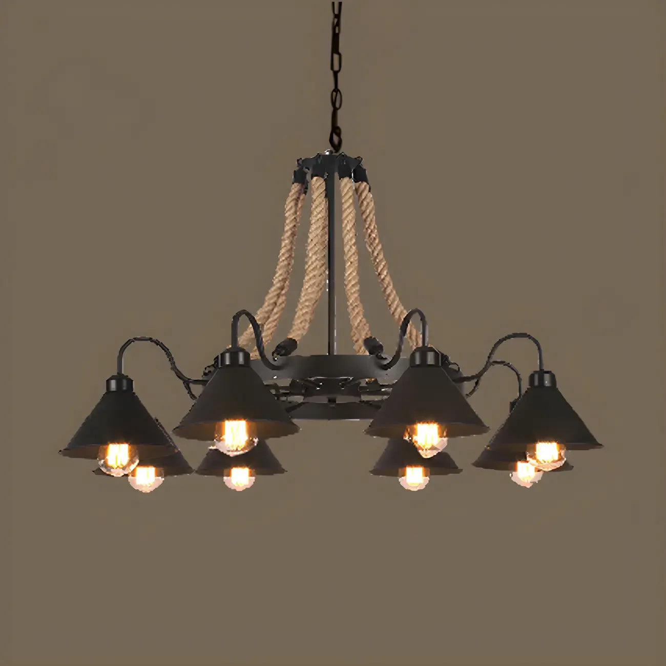 Lustre rustique vintage en métal noir et corde