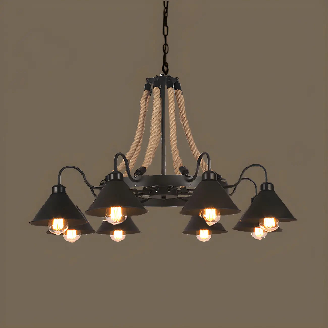Lustre rustique vintage en métal noir et corde