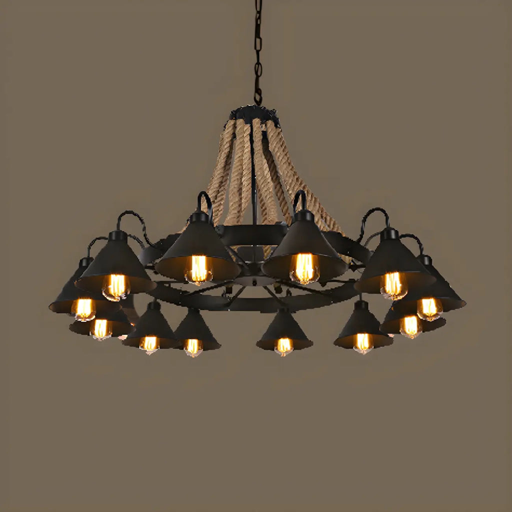 Lustre rustique vintage en métal noir et corde