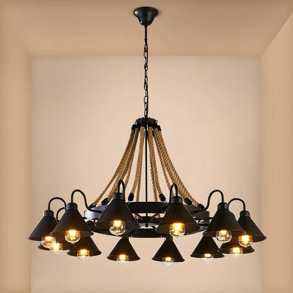 Lustre rustique vintage en métal noir et corde