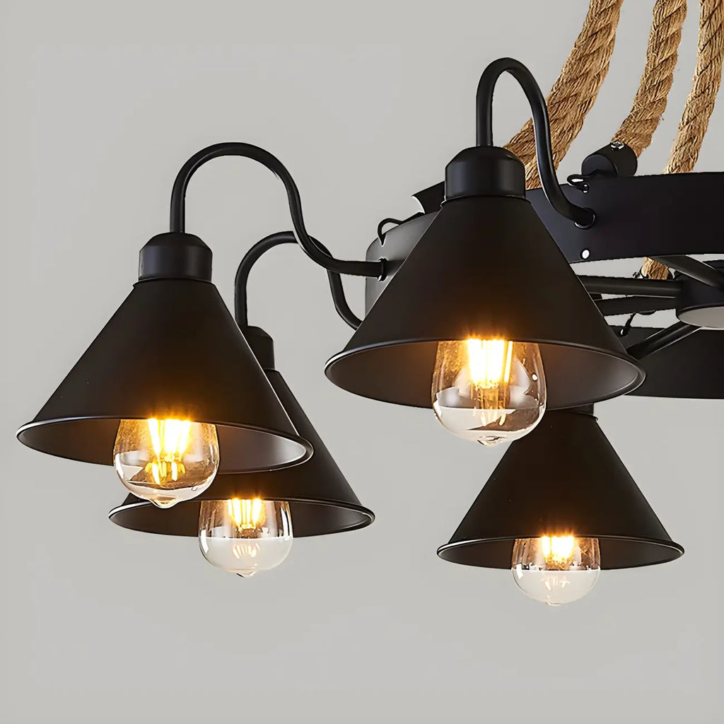 Lustre rustique vintage en métal noir et corde
